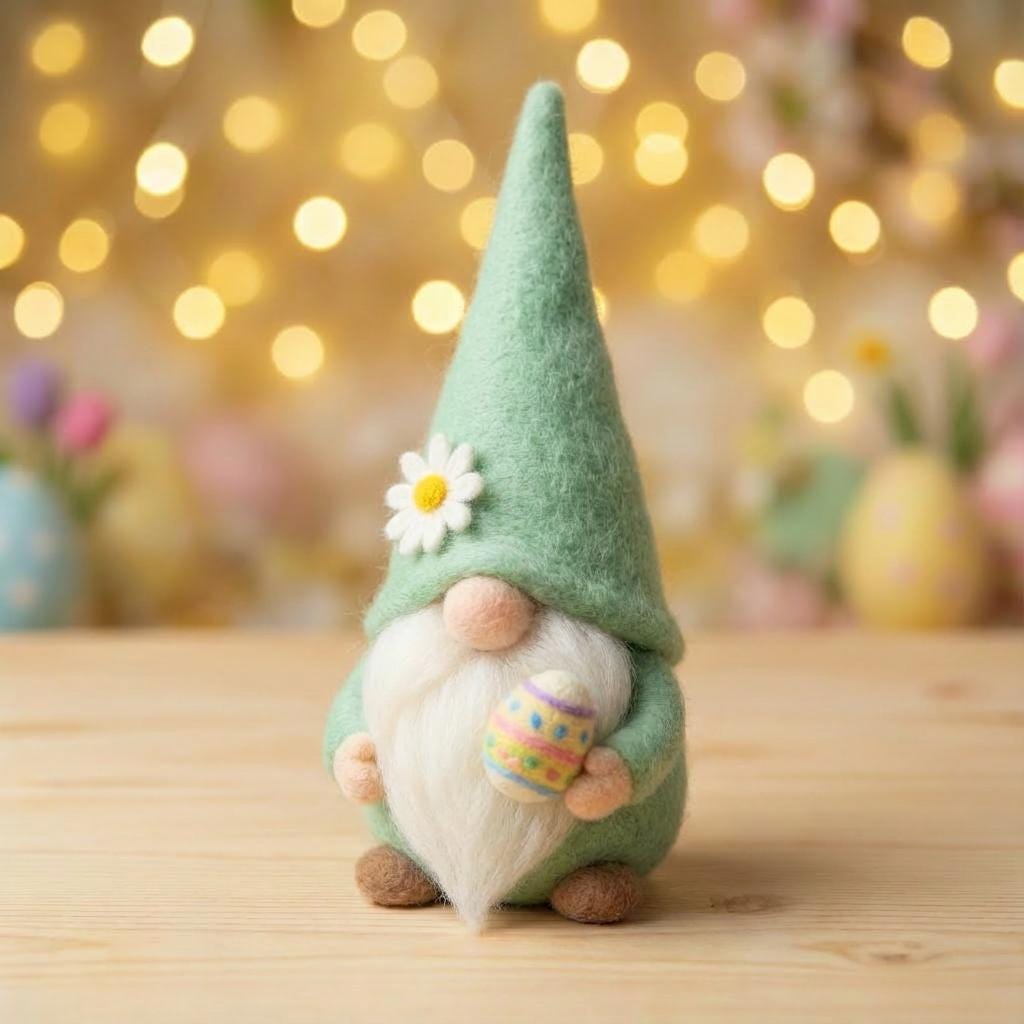 Needle felted handmade Easter gnome figurine with wool felt, perfect for spring decor, by wwwilovefelt.