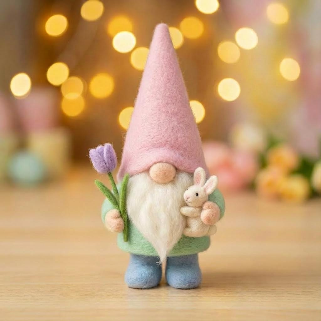 Handmade Easter gnome needle felted figurine with wool felt details, spring-themed decorative craft by wwwilovefelt.