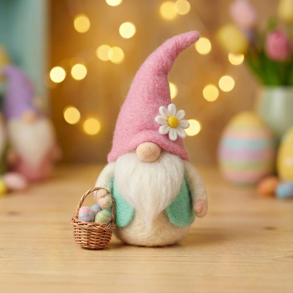Needle felted handmade Easter gnome figurine with wool felt, spring decor, featuring a cute gnome with a hat and cheerful expression.