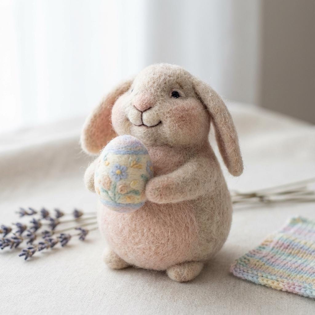 Handmade felt Easter animal figurine by Jiajia Felt Studio, featuring a colorful spring-themed felt animal sculpture.