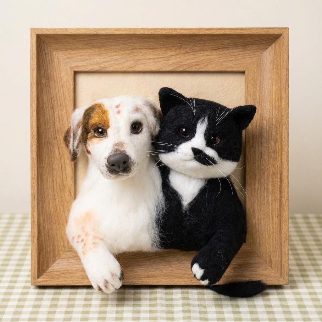 Needle felted pet portrait frame featuring a custom dog and cat figurine, a heartfelt pet memorial gift from wwwilovefelt.
