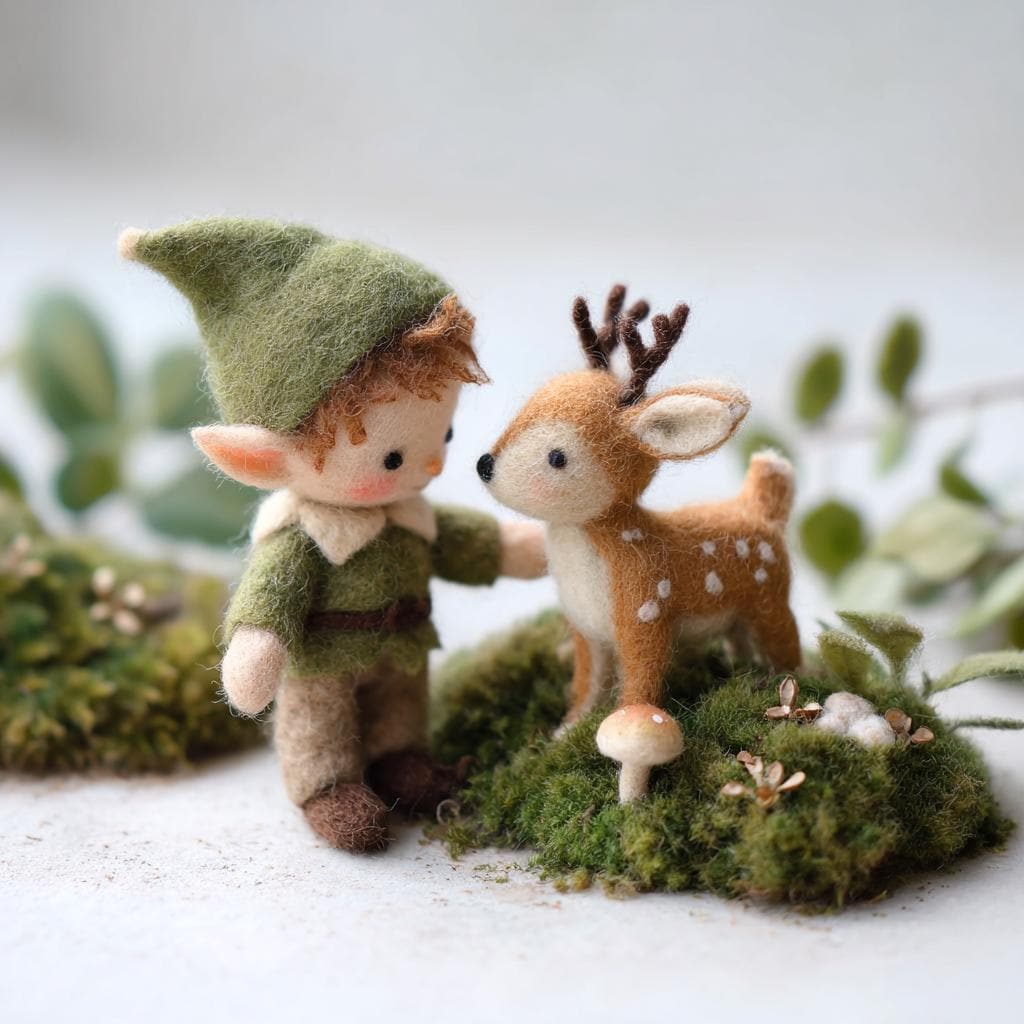 Needle felted elf and deer figurine from wwwilovefelt, handcrafted woodland miniature sculpture with detailed elf and deer figures.