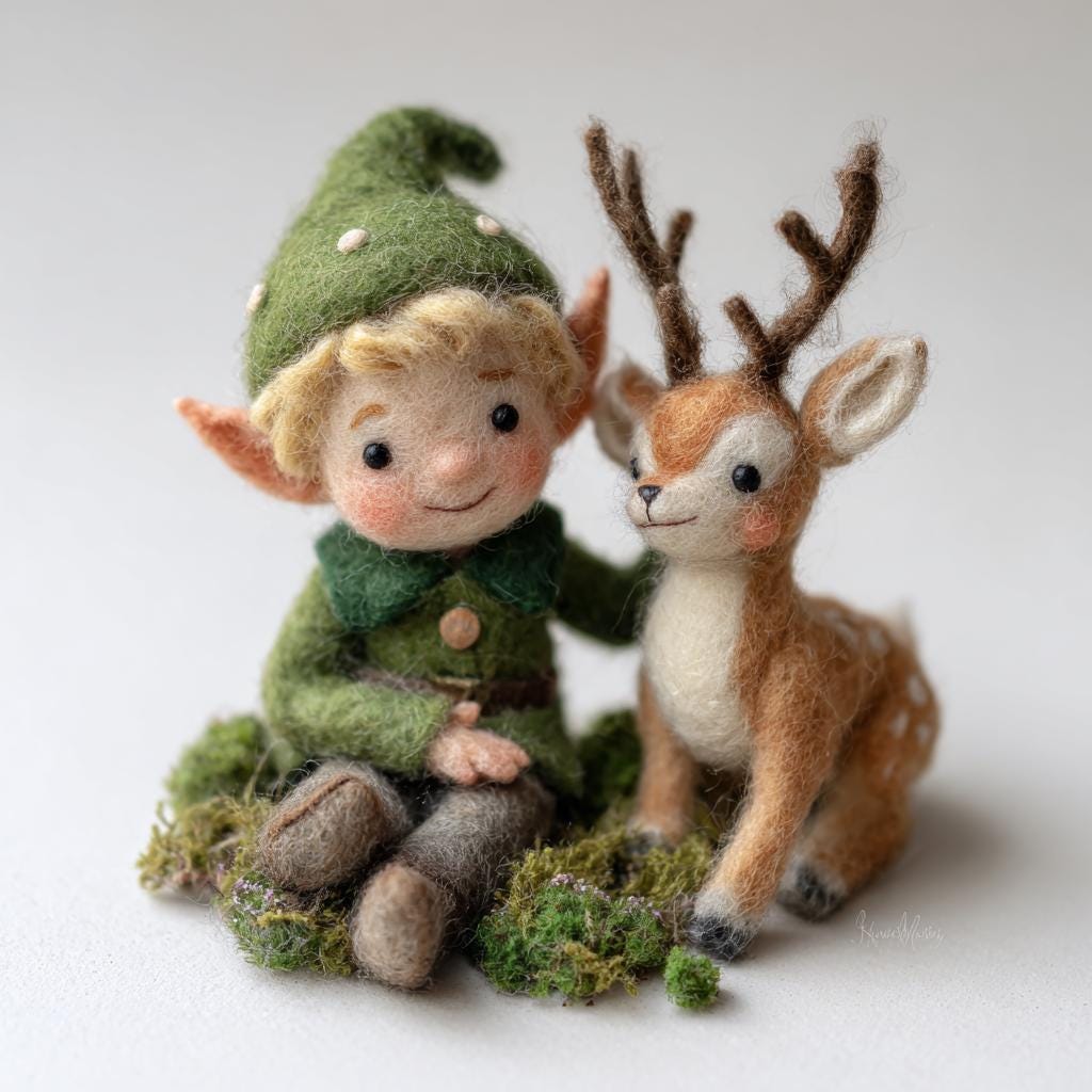 Needle felted elf and deer figurine by wwwilovefelt, handmade miniature sculpture for woodland friendship display.