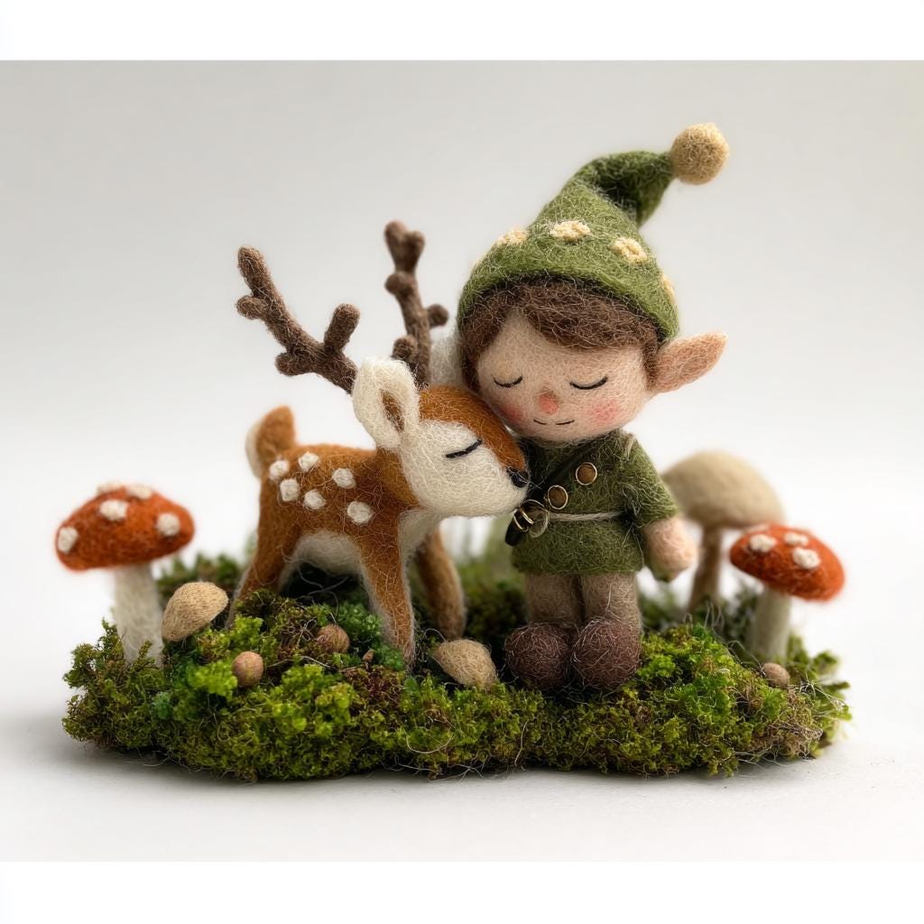 Needle felted elf and deer figurine by wwwilovefelt, handmade miniature sculpture of woodland friends with detailed elf and deer figures.