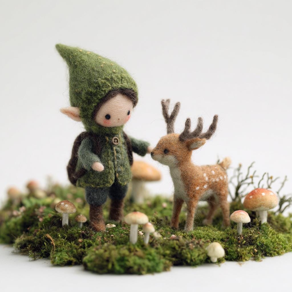 Needle felted elf and deer figurine by wwwilovefelt, handmade miniature sculpture of woodland friends in soft, detailed wool.
