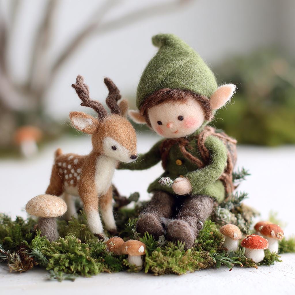 Needle felted elf and deer figurine by wwwilovefelt, handmade miniature sculpture representing woodland friendship.