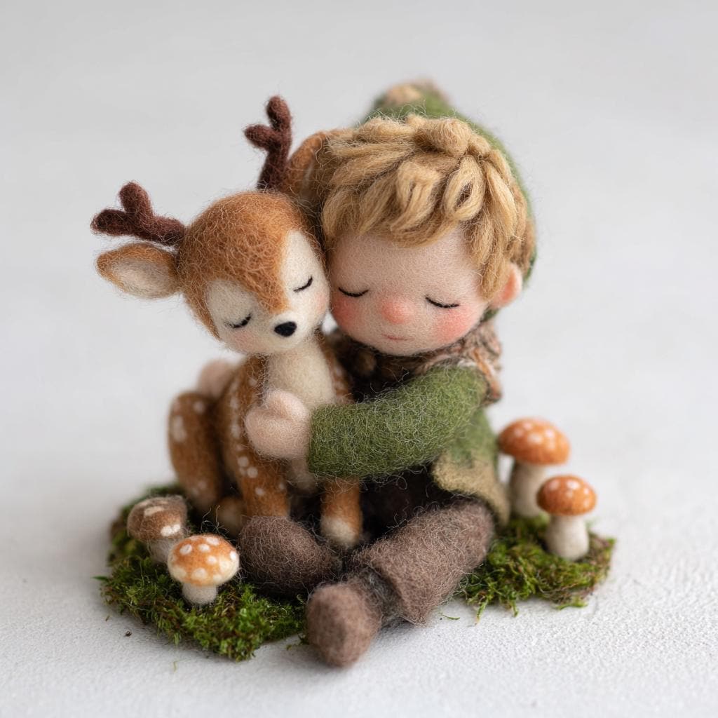 Handmade needle felted elf and deer figurine showing woodland friendship, detailed miniature sculpture by wwwilovefelt.