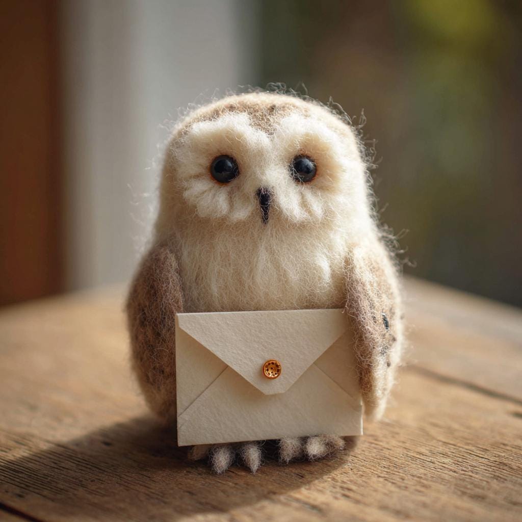 Handmade needle felted owl figurine by wwwilovefelt, a cute wool animal sculpture for desk decor or gift, with detailed features.