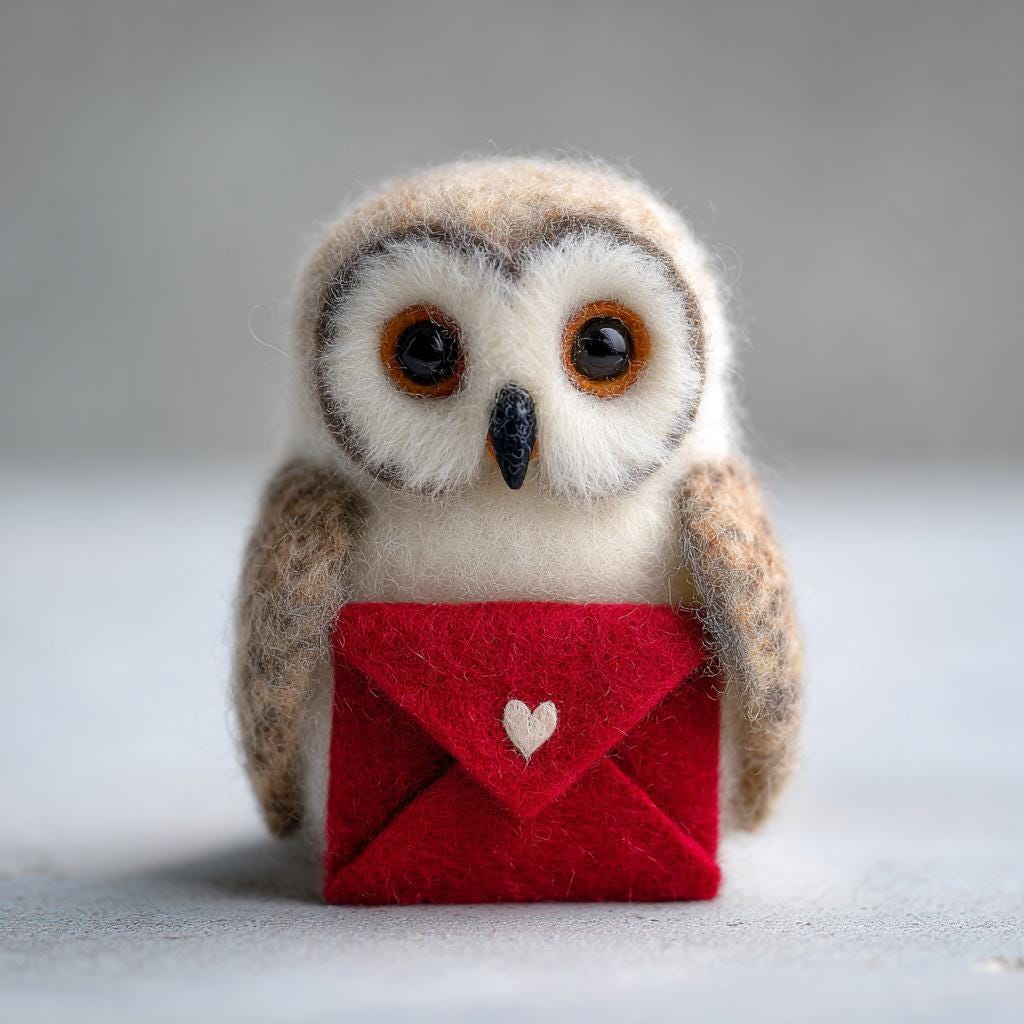 Handmade needle felted owl figurine with detailed wool texture, mini desk decor, crafted by wwwilovefelt.
