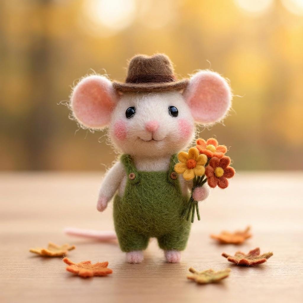 Handmade needle-felted mouse figurine by Jiajia Felt Studio, detailed felt animal sculpture for spring and Easter decor.