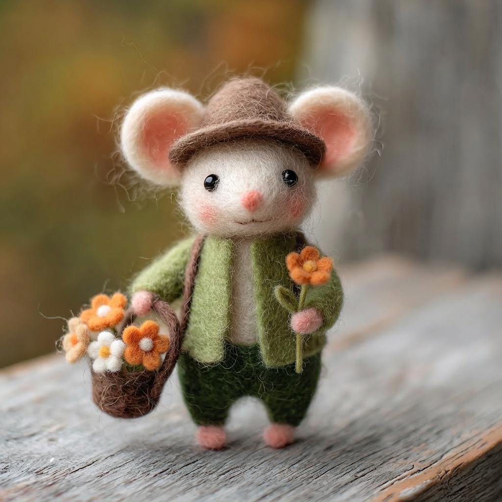 Handmade needle felted mouse figurine by Jiajia Felt Studio, detailed spring-themed felt animal for Easter decor or gift.