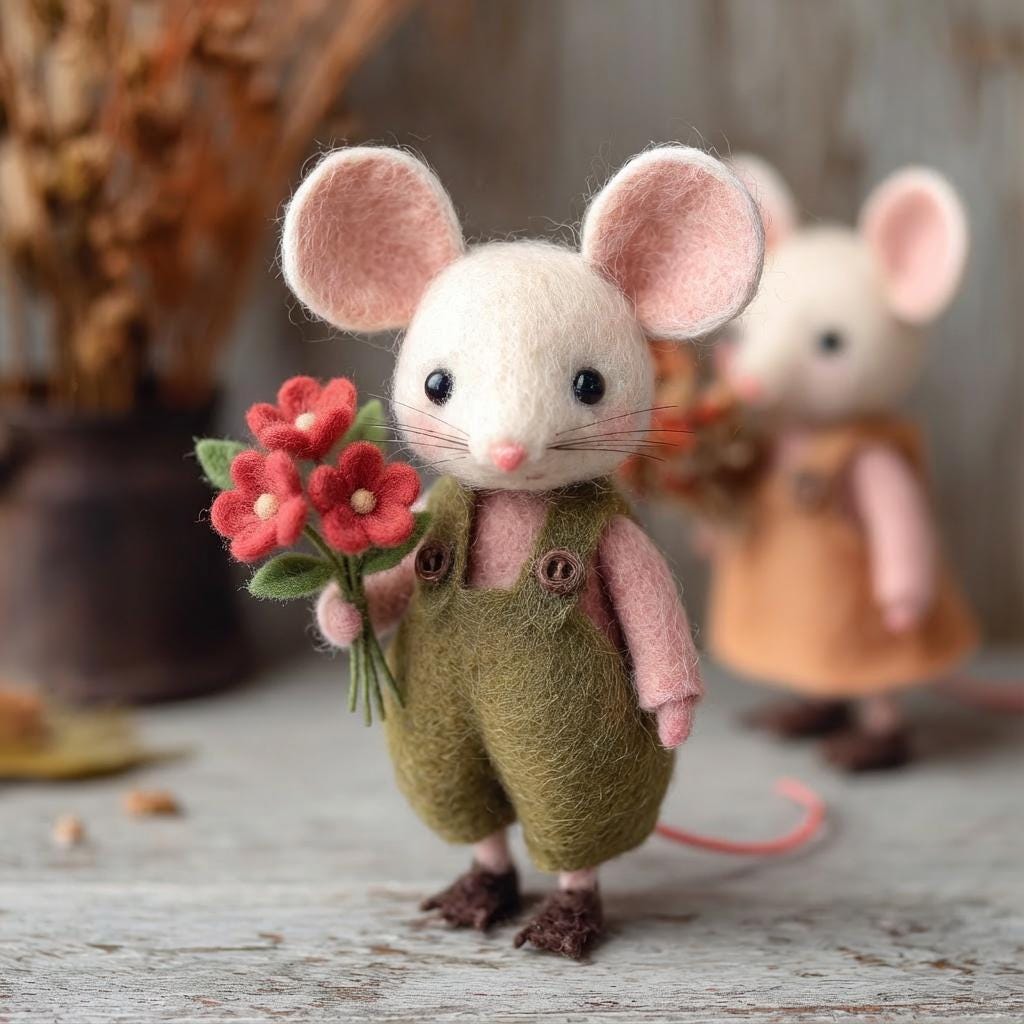 Handmade needle felted mouse figurine from Jiajia Felt Studio, detailed felt animal perfect for spring and Easter decorations.