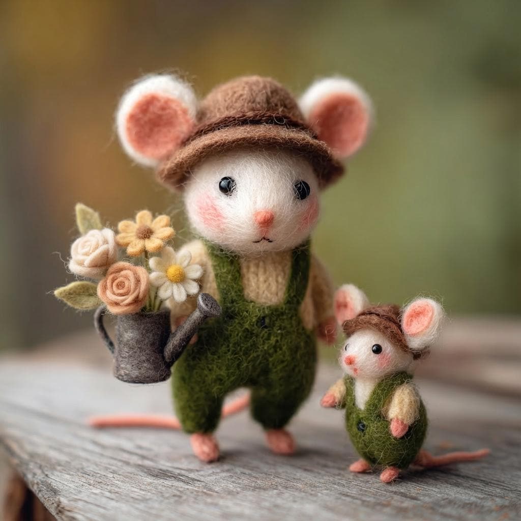 Handmade needle felted mouse figurine from Jiajia Felt Studio, perfect as a spring or Easter gift, showcasing detailed craftwork.