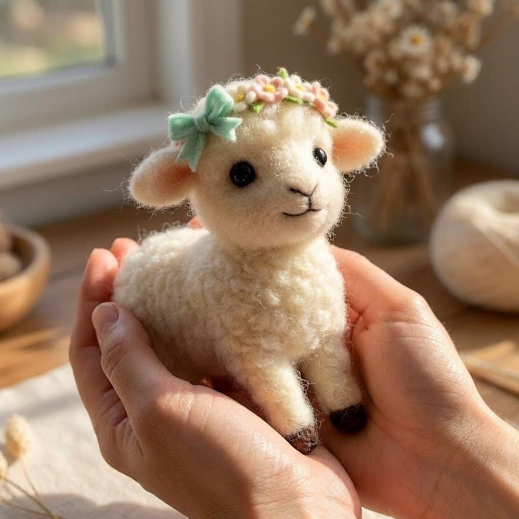 Needle felted wool lamb figurine, miniature farm animal decor by wwwilovefelt, cozy farmhouse accent, detailed and handcrafted.