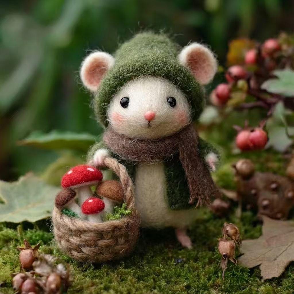Handmade needle felted mouse figurine by Jiajia Felt Studio, a charming felt animal for spring and Easter decorations.