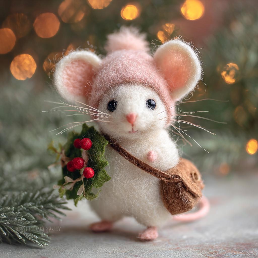 Handmade needle felted mouse figurine by Jiajia Felt Studio, a charming felt animal sculpture for spring and Easter decor.