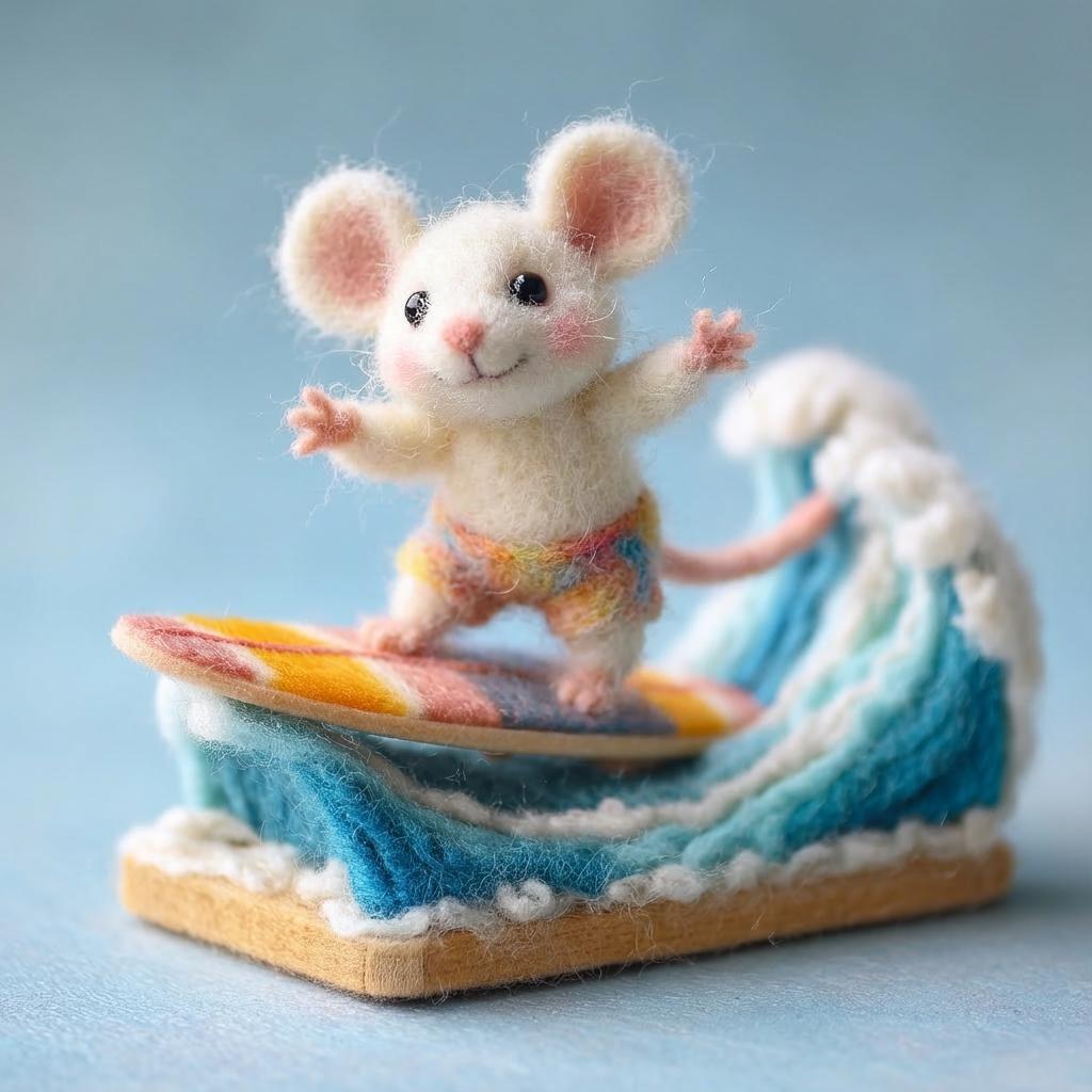 Needle felted surfing mouse figurine by wwwilovefelt, handcrafted wool sculpture perfect for beach decor or birthday gift.