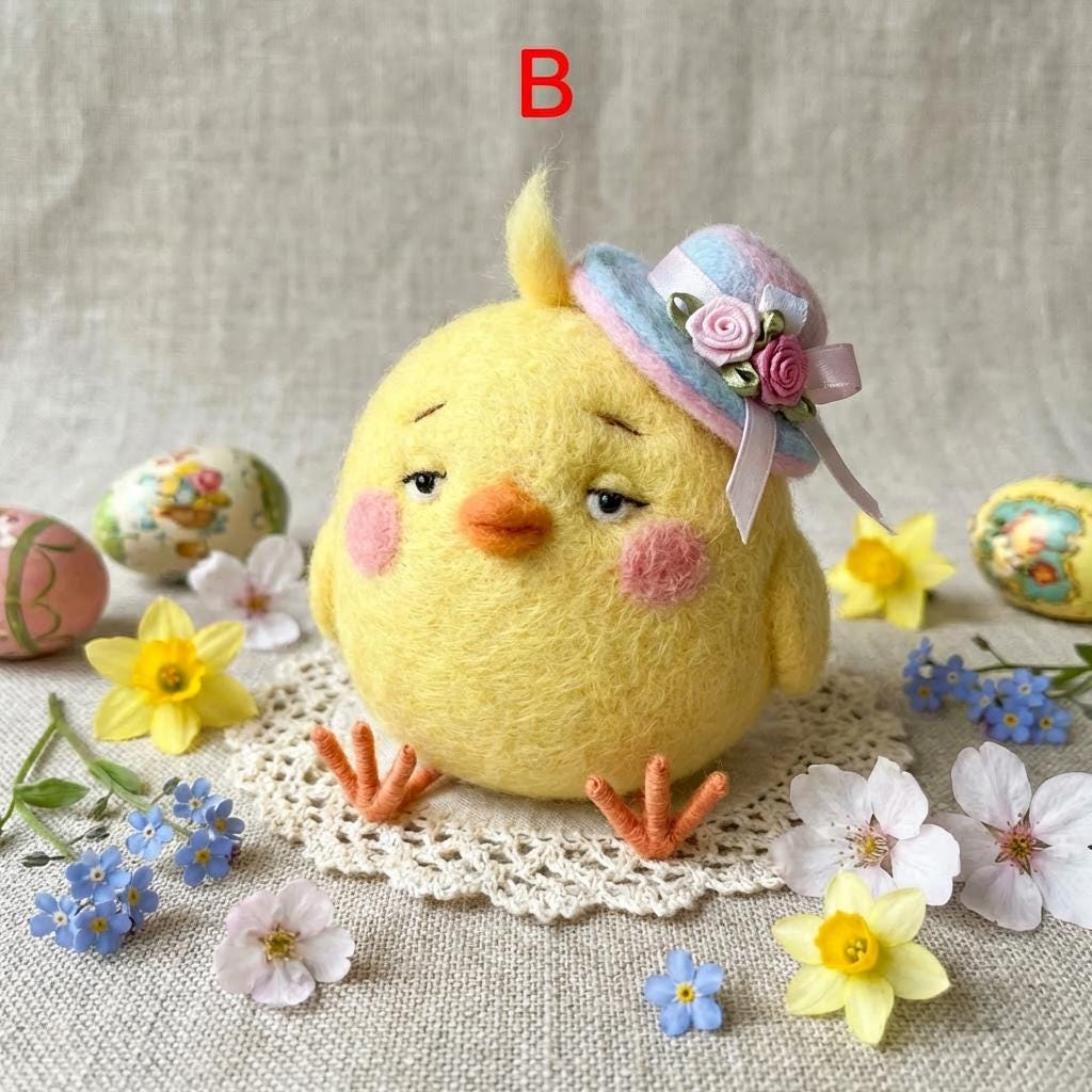 Needle felt chick figurine ¨C side angle showing handcrafted wool texture and details.