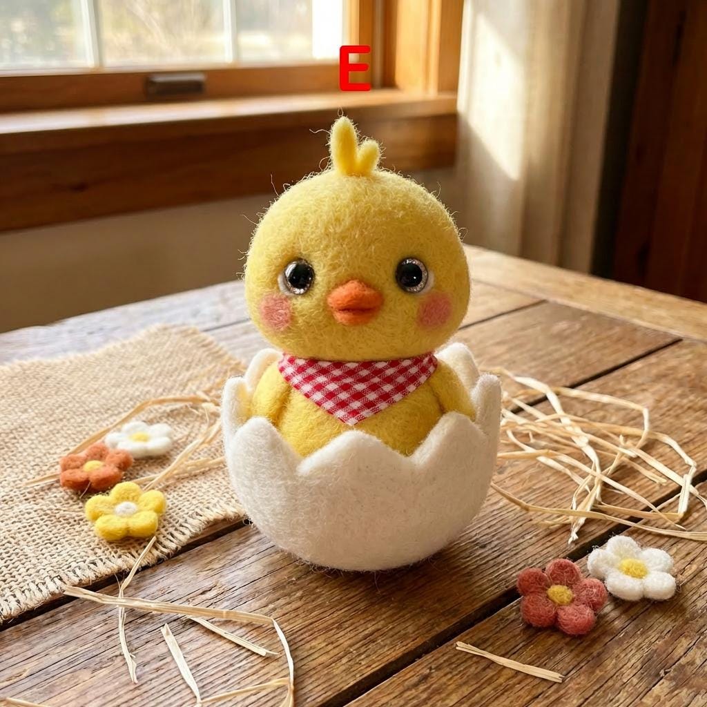 Handmade felt chick figurine by Jiajia Felt Studio, spring-inspired Easter animal decoration with detailed felt craftsmanship.
