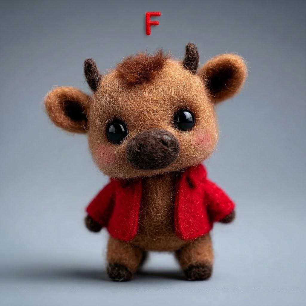 Needle felted calf figurine by Jiajia Felt Studio, mini farm animal decor in soft, detailed wool with realistic features.