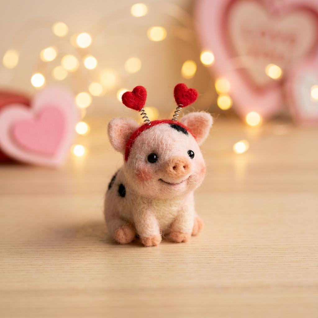 Handcrafted wool felt pig figurine from Jiajia Felt Studio, ideal as a spring or Easter gift, featuring detailed felt animal craftsmanship.