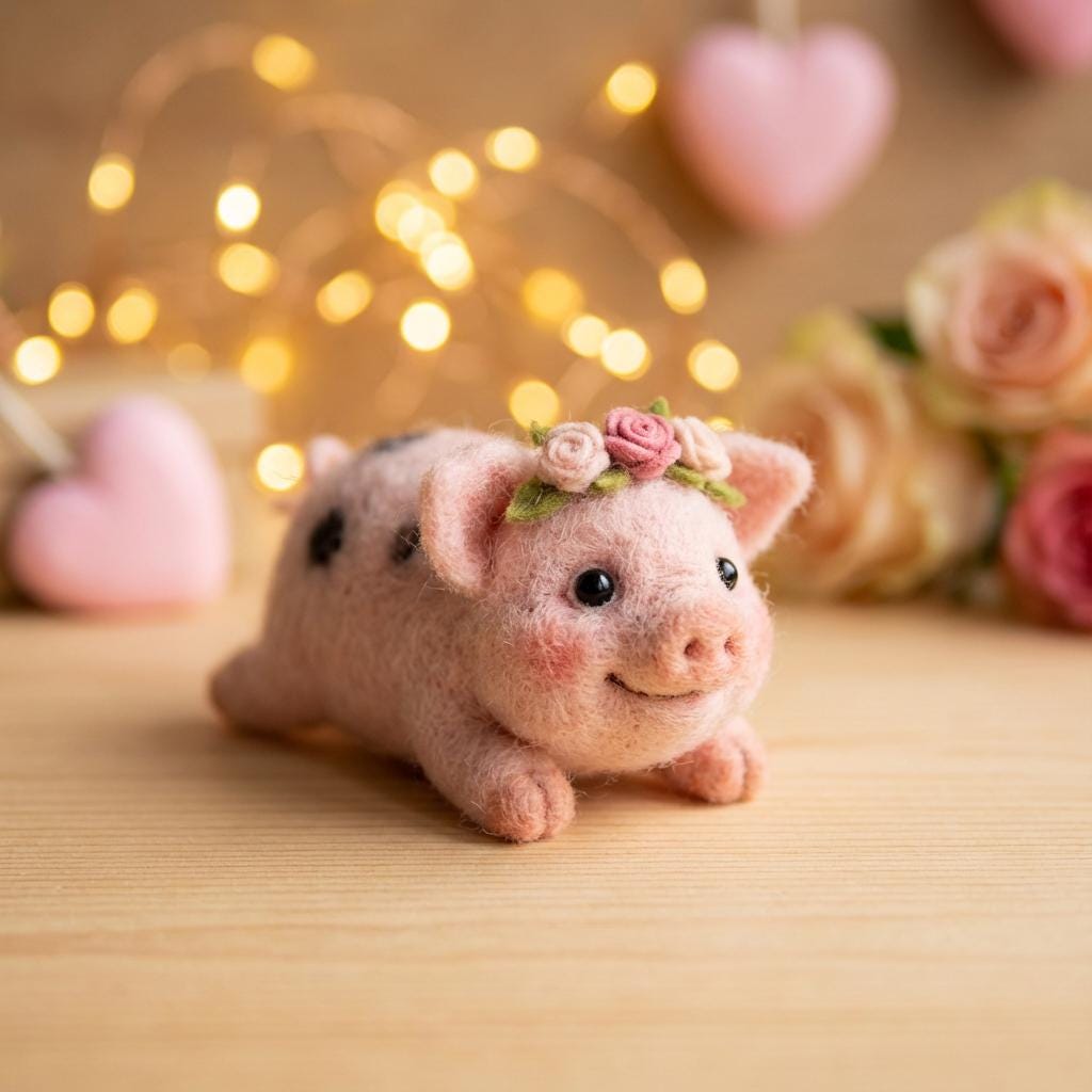 Handmade wool felt pig figurine from Jiajia Felt Studio, ideal as a spring or Easter gift, featuring soft wool material and detailed craftsmanship.
