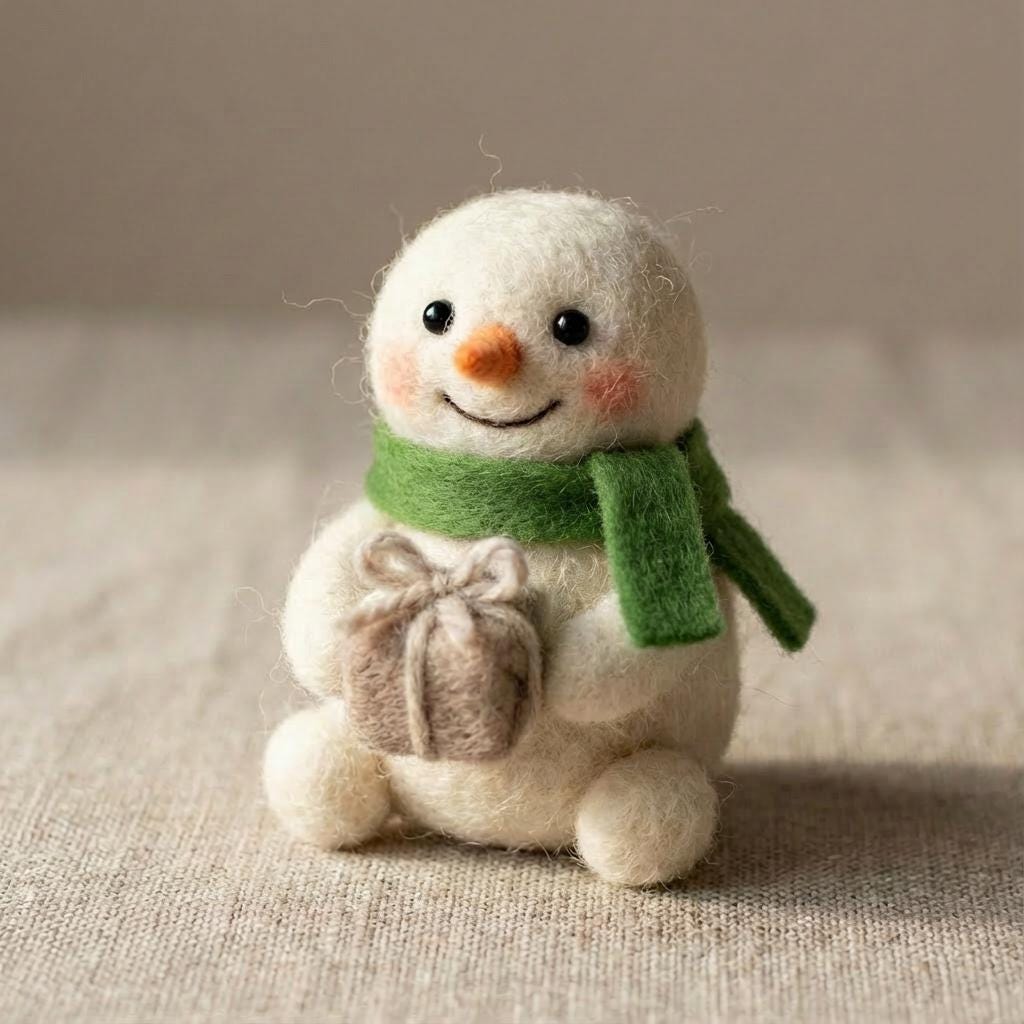 Handmade wool felt snowman figurine from Jiajia Felt Studio, seasonal holiday decor with a cute, handcrafted felt design.