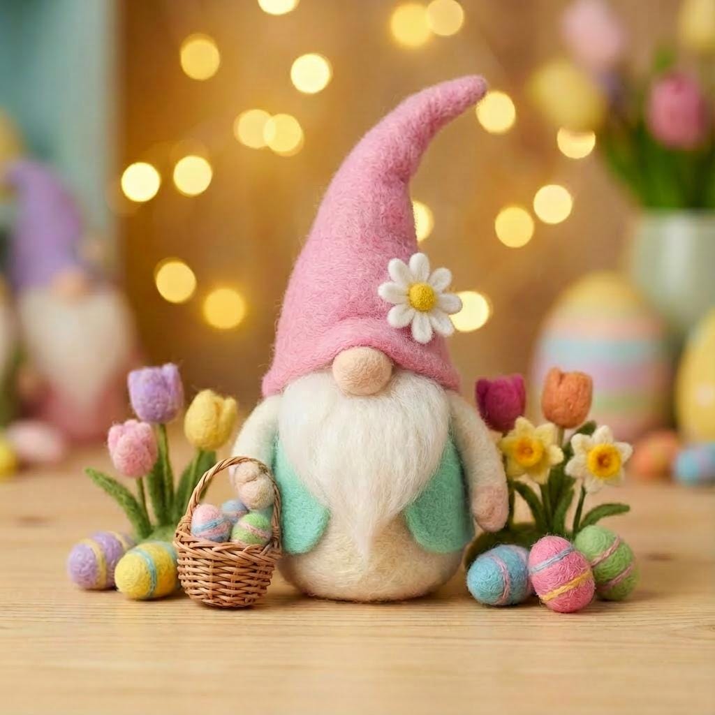 Needle felted handmade Easter gnome figurine with wool felt spring decor, featuring a cute gnome with a tall hat and floral accents.