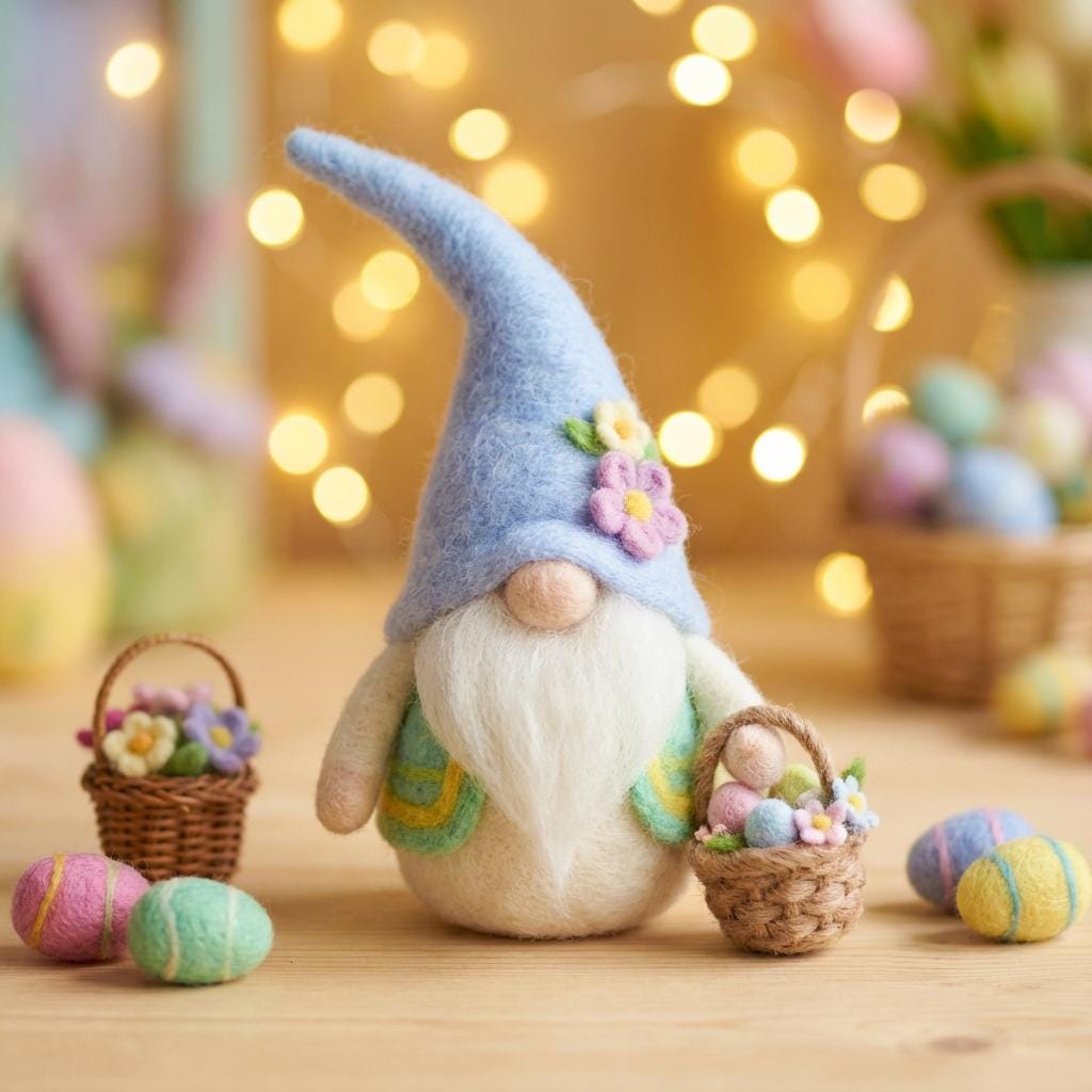 Handmade wool felt Easter gnome needle felted figurine with a spring-themed hat and cozy details, perfect for seasonal decor.