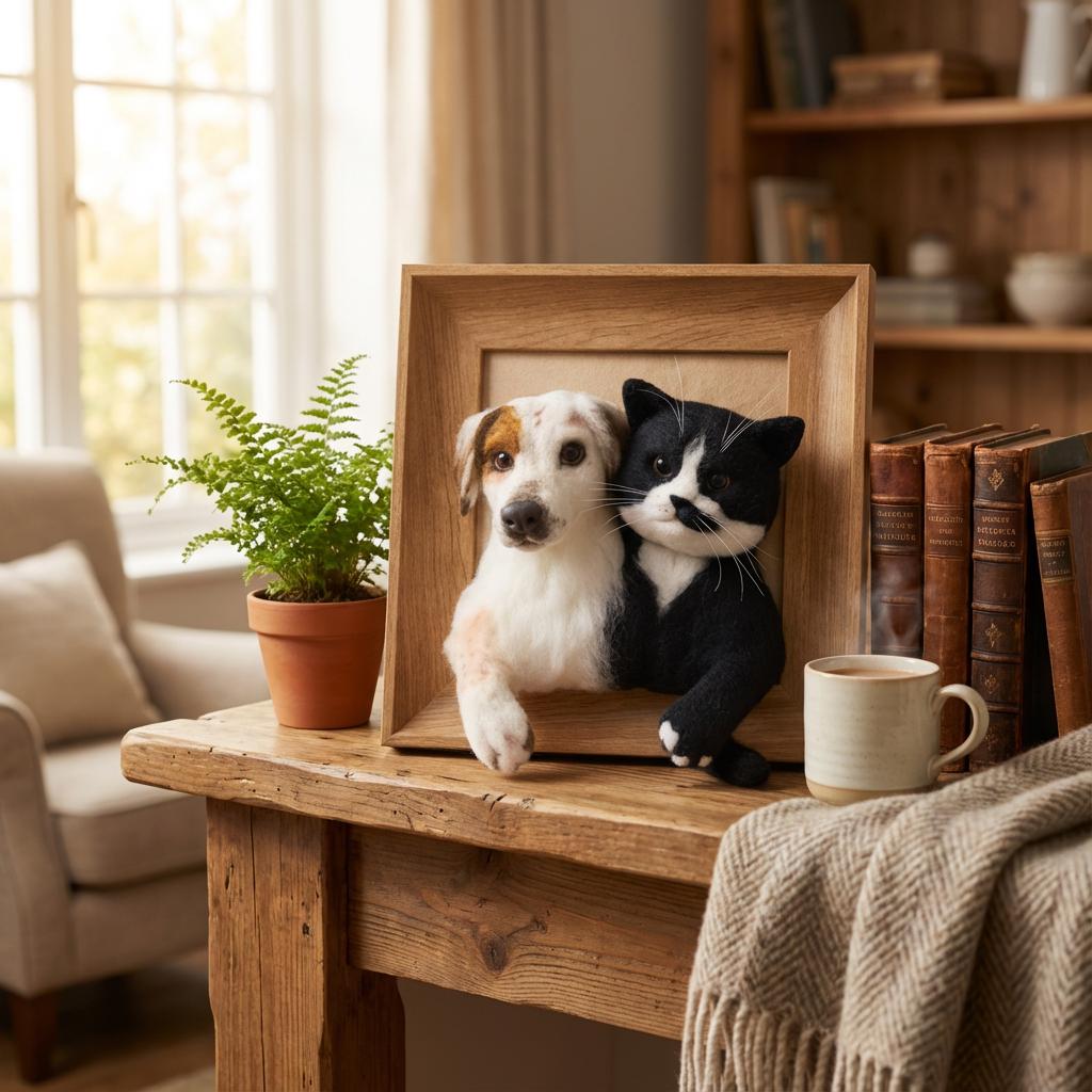Needle felted pet portrait frame featuring a custom dog and cat figurine, handmade keepsake for pet memorial or gift.