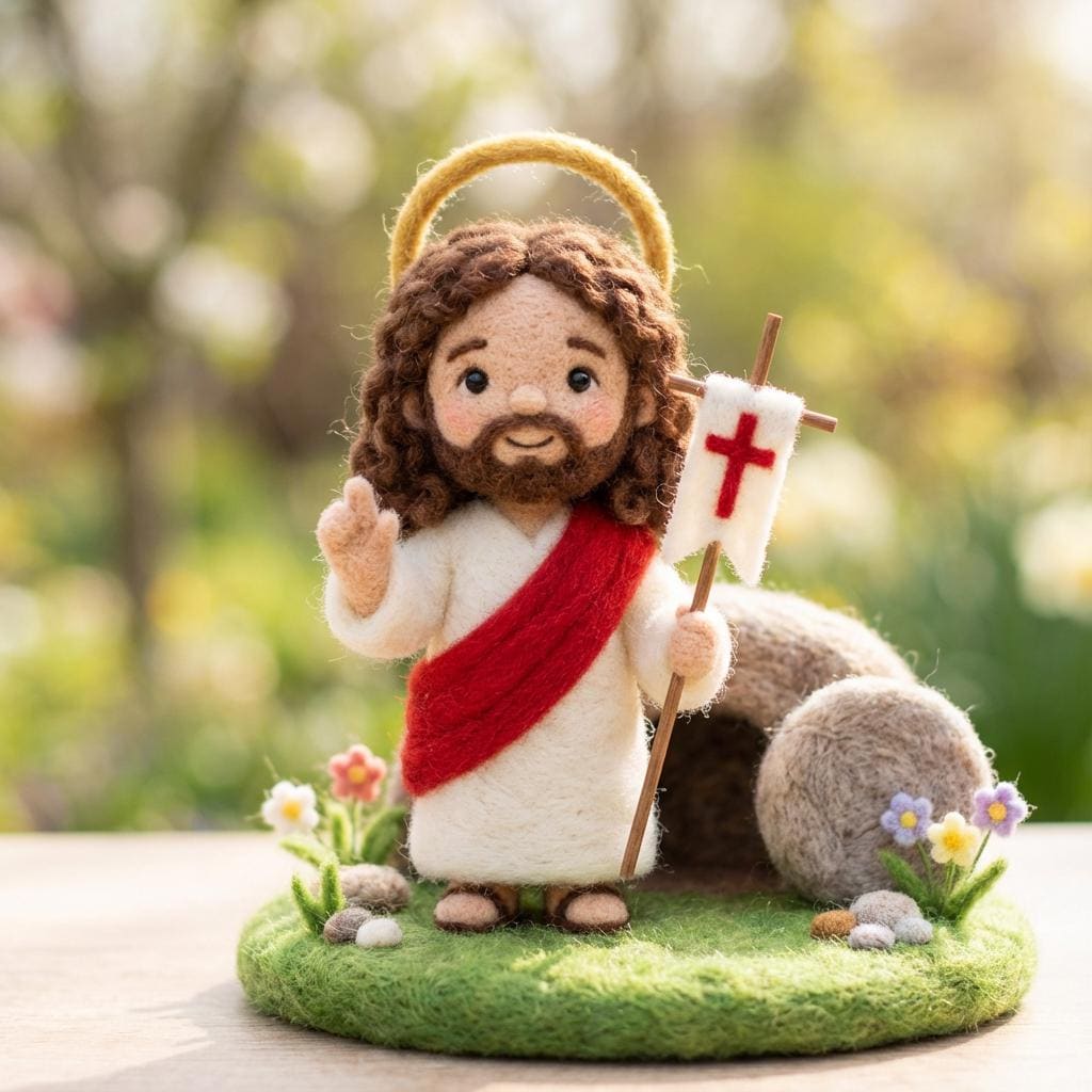 Handmade needle-felted Jesus sculpture from Jiajia Felt Studio, Christian faith decor with detailed religious figure artwork.