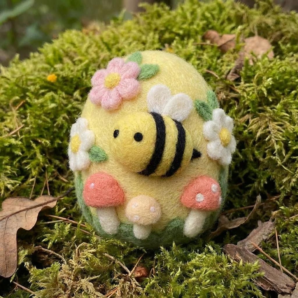Needle felted baby’s first Easter egg keepsake with personalized name, handcrafted felt figurine in soft pastel colors.
