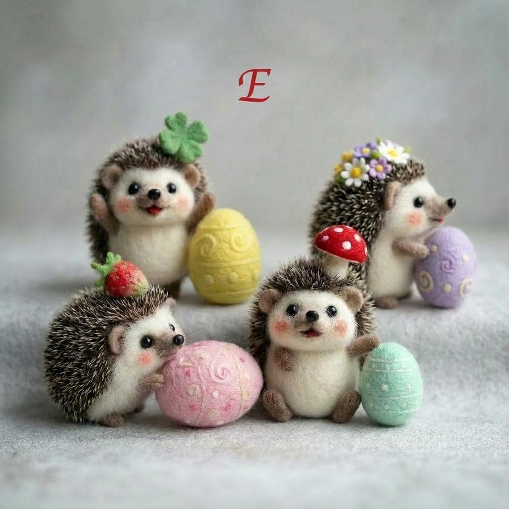 Needle felted hedgehog figurine by wwwilovefelt, handmade wool woodland decor, showing the tiny, detailed plush hedgehog with natural colors.