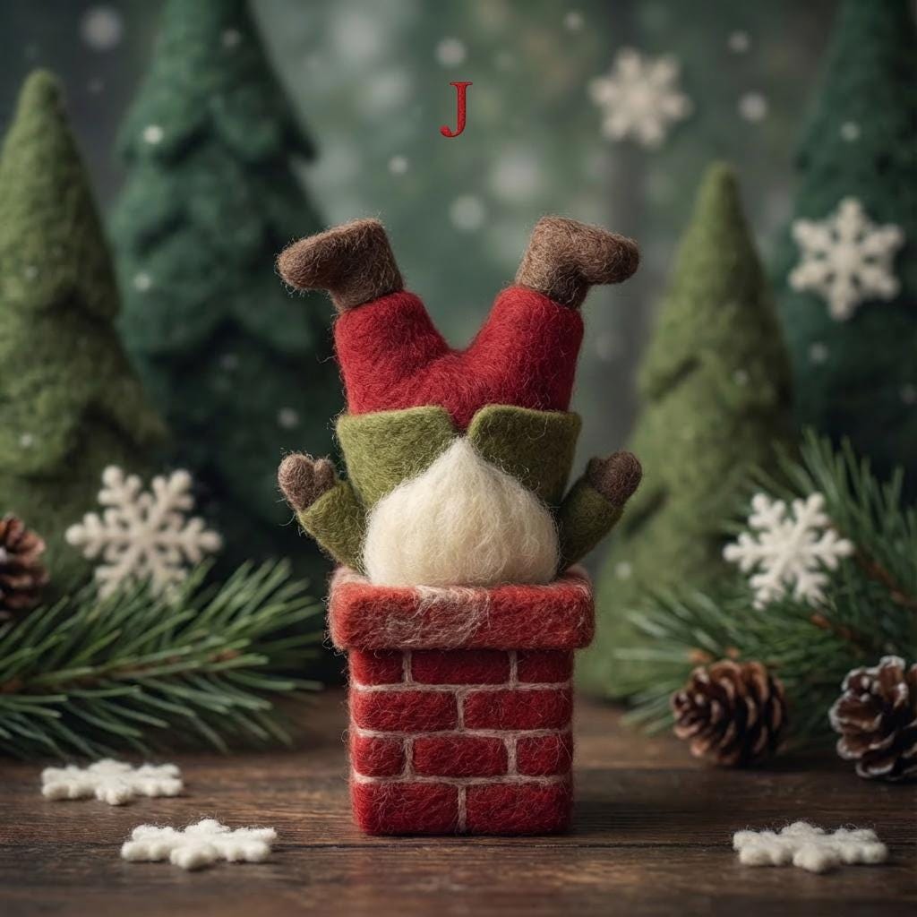 Needle felted Santa figurine from the Santa's Journey Home collectible set by wwwilovefelt, featuring winter holiday scene details.