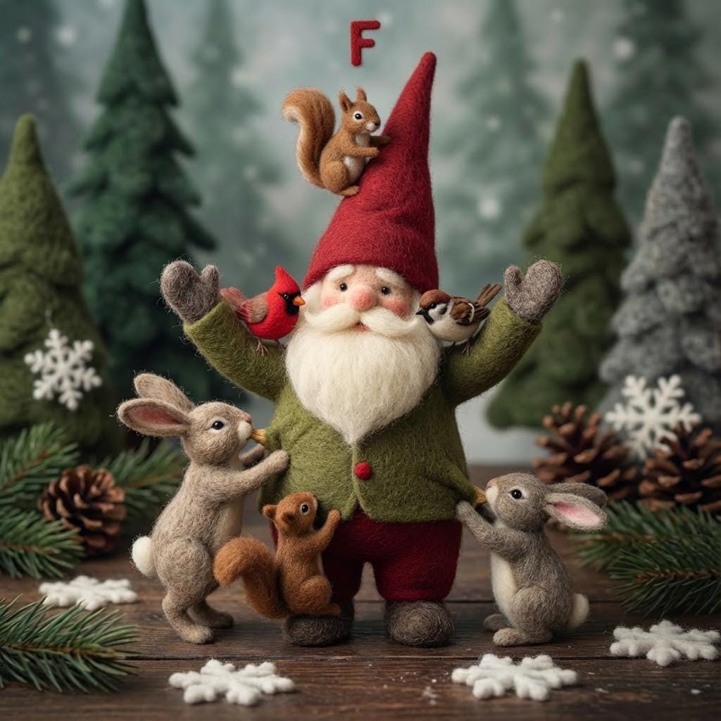 Needle felted Santa figurine from wwwilovefelt's Christmas collectible set, featuring detailed scenes of Santa's journey home.