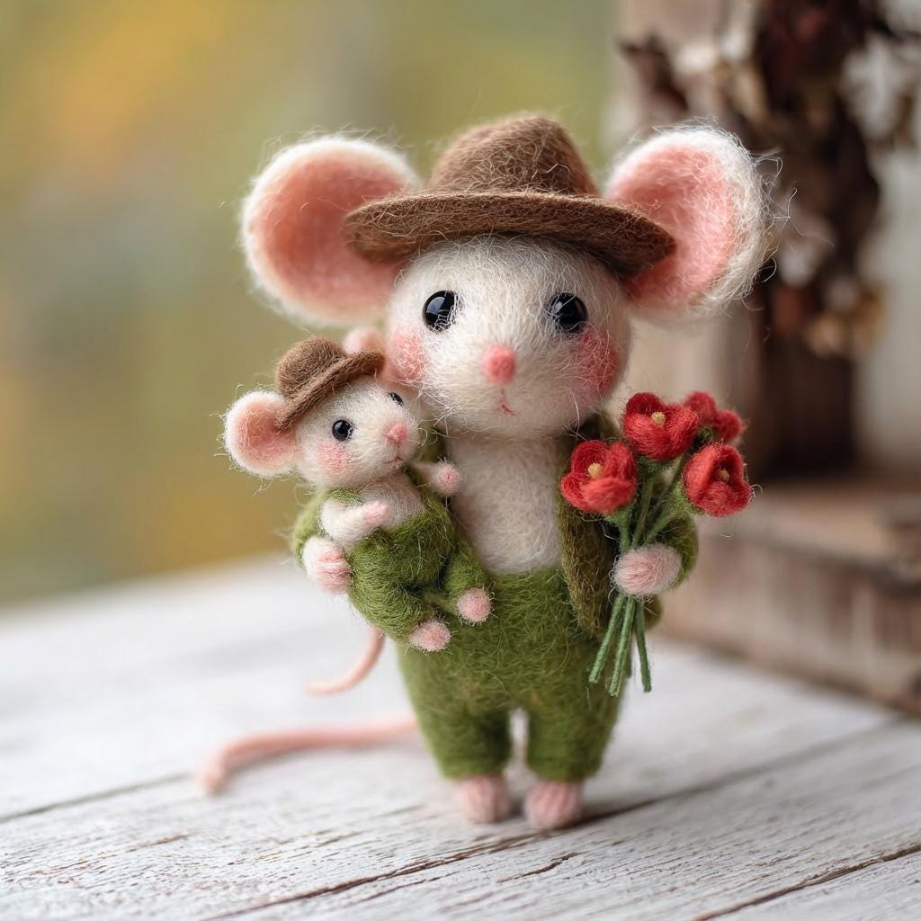 Handmade needle felted mouse figurine by Jiajia Felt Studio, detailed felt animal sculpture for spring or Easter decor.