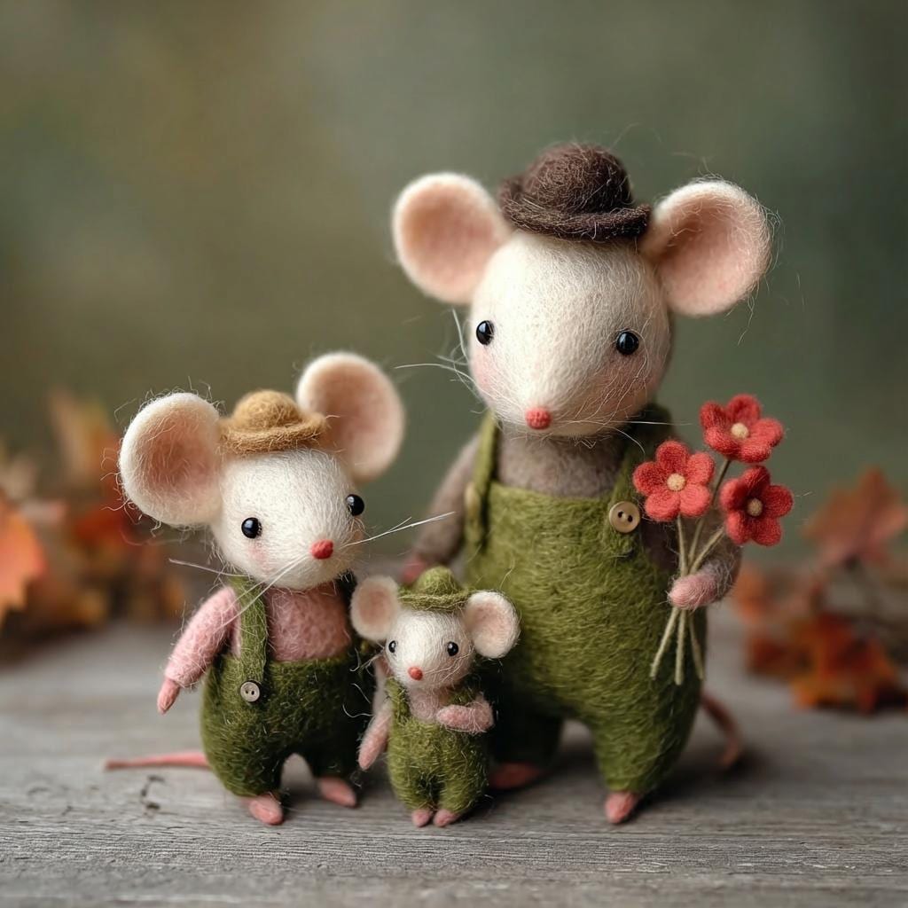 Handmade needle felted mouse figurine from Jiajia Felt Studio, featuring detailed spring and Easter-themed felt animal craftsmanship.