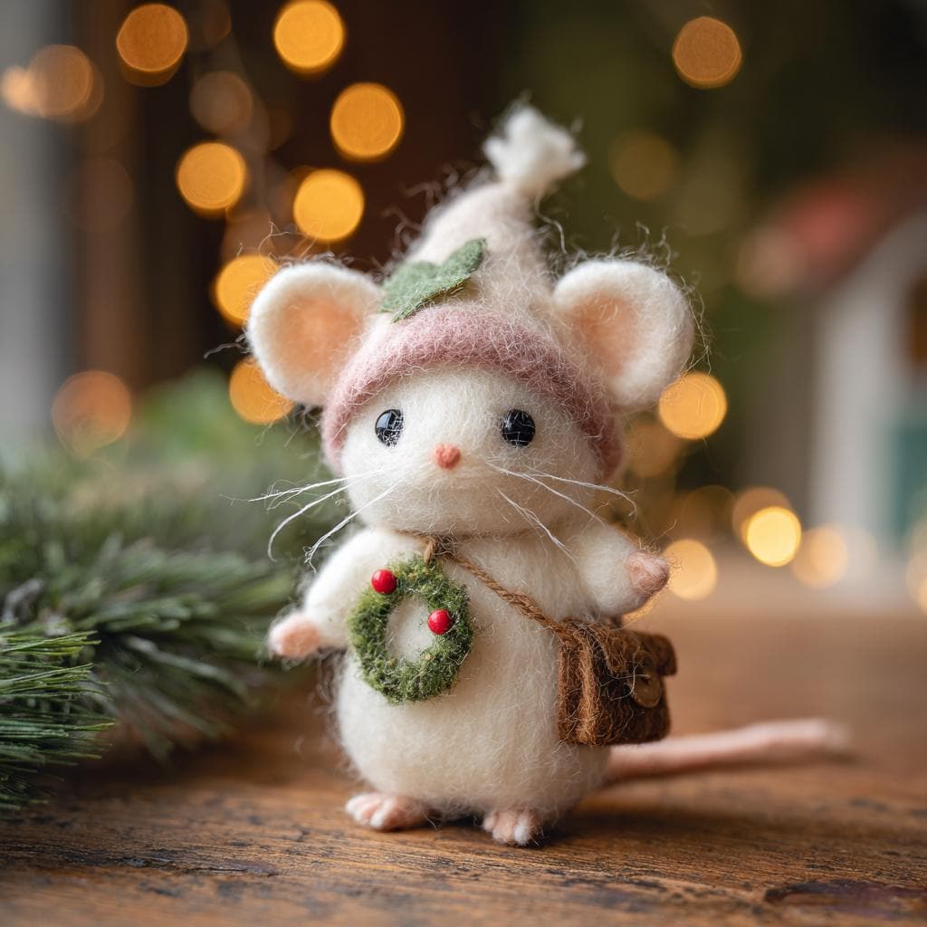 Handmade needle felted mouse figurine by Jiajia Felt Studio, perfect as a spring or Easter gift, detailed felt animal craft.