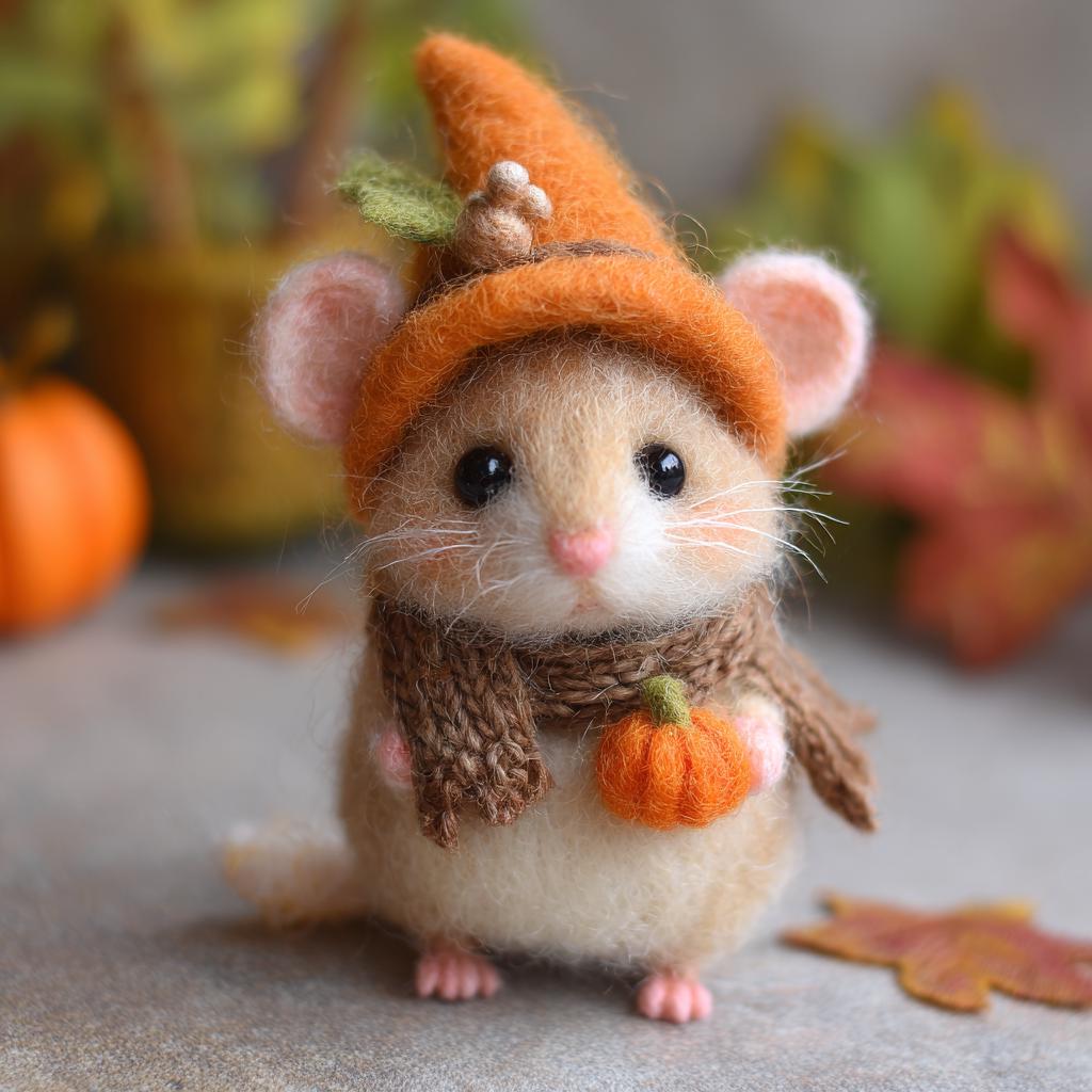 Handmade felt mouse figurine from Jiajia Felt Studio, perfect as a spring or Easter gift, showcasing intricate needle felting details.