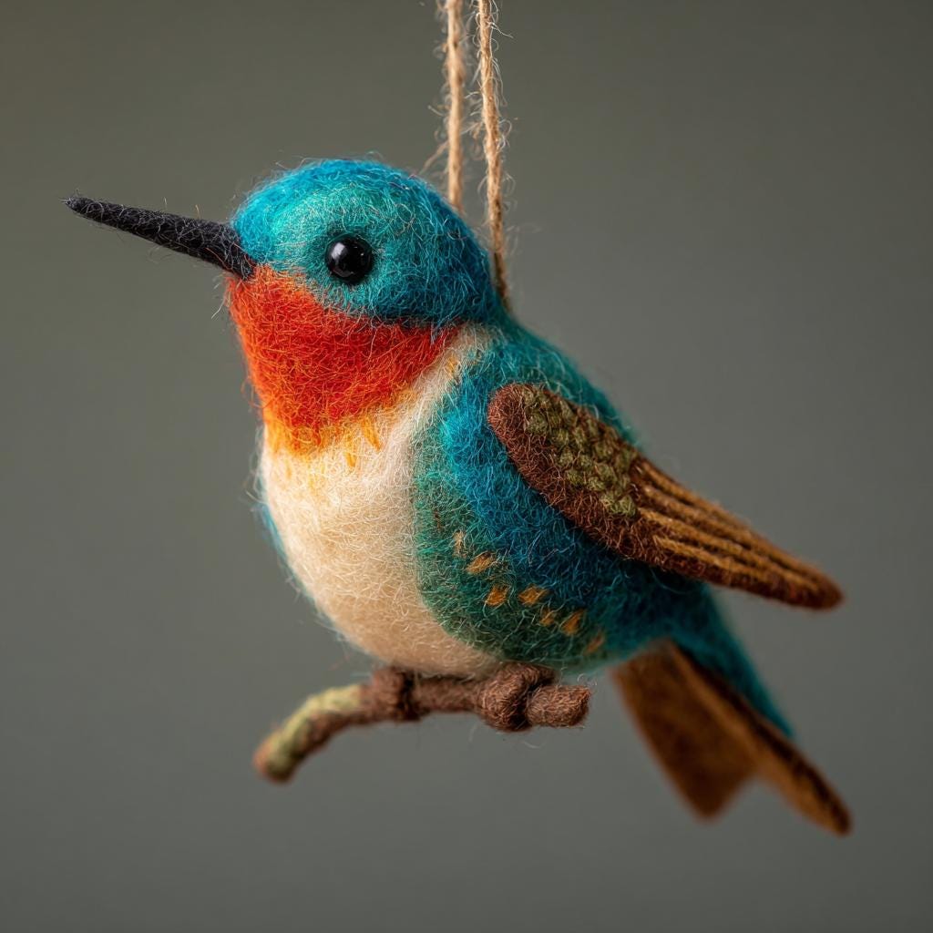 Needle felted wool bird ornament ¨C side angle showing handcrafted wool texture and details.