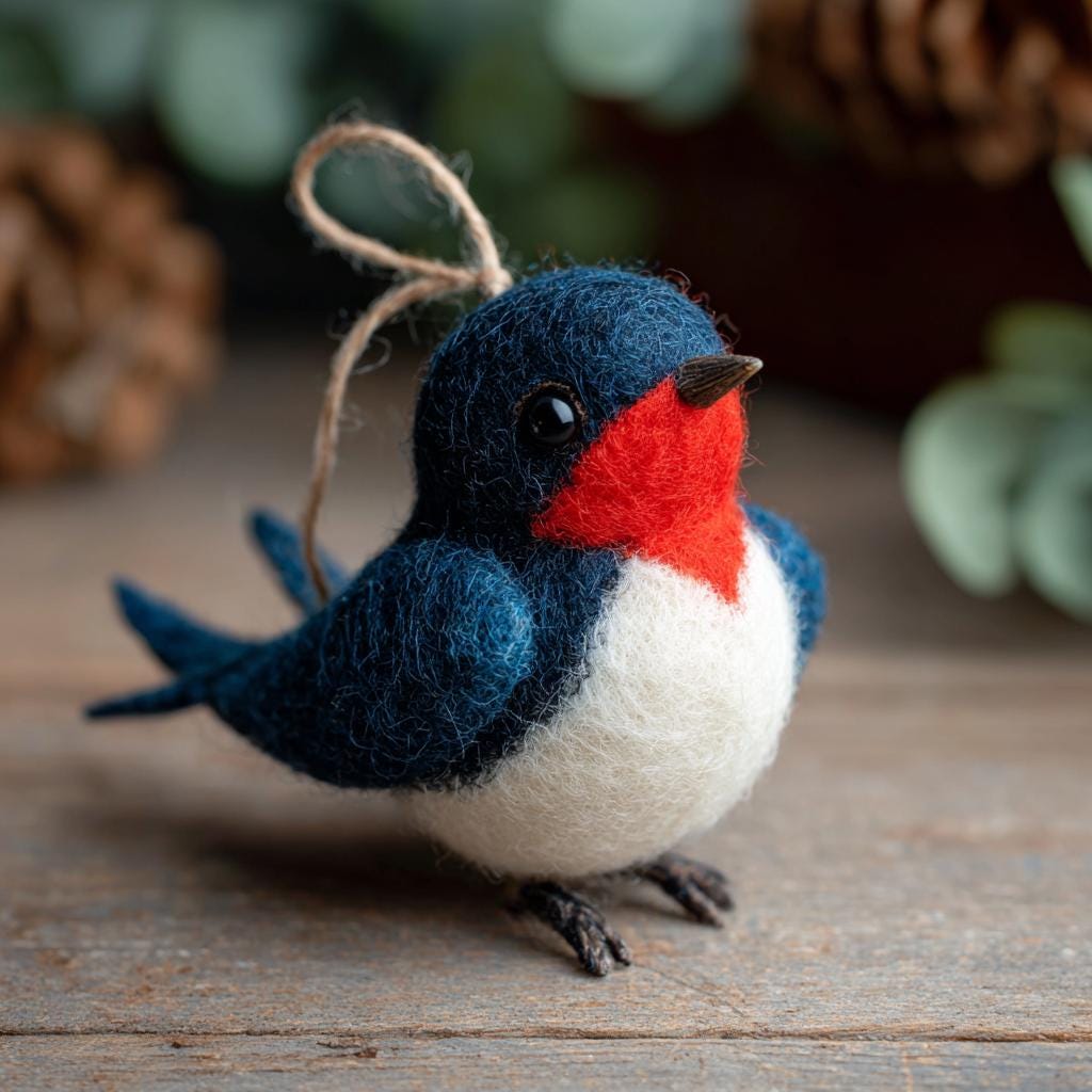 Handmade felt animal figurine of a wool bird ornament by Jiajia Felt Studio, perfect for spring and Easter decorations.