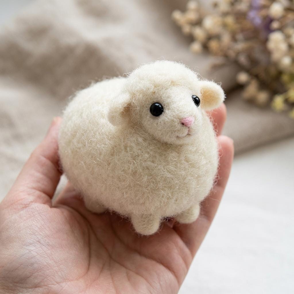 Needle felted lamb figurine by wwwilovefelt, cozy wool farm animal decor, soft white sheep with black accents on a neutral background.