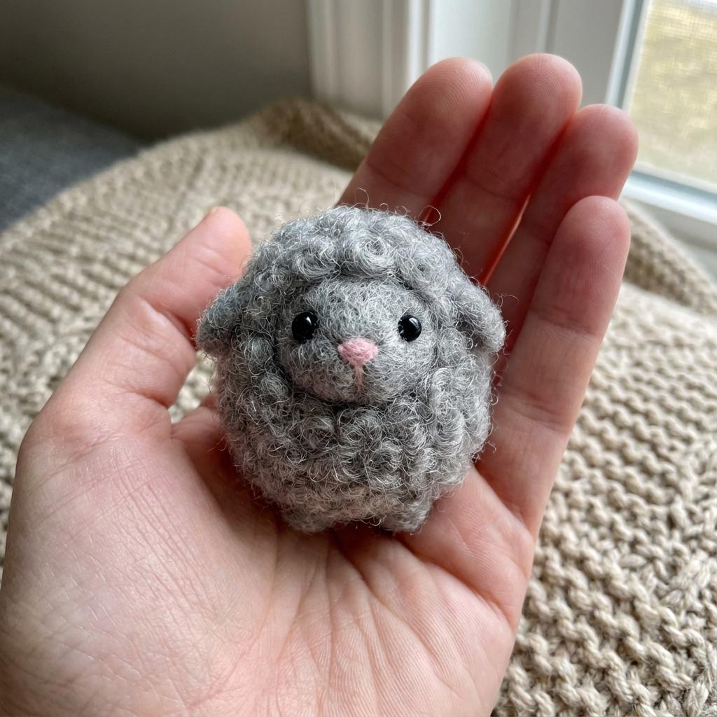 Needle felted lamb figurine by wwwilovefelt, cozy farmhouse wool mini animal decor with detailed fluffy white fleece and small black eyes.