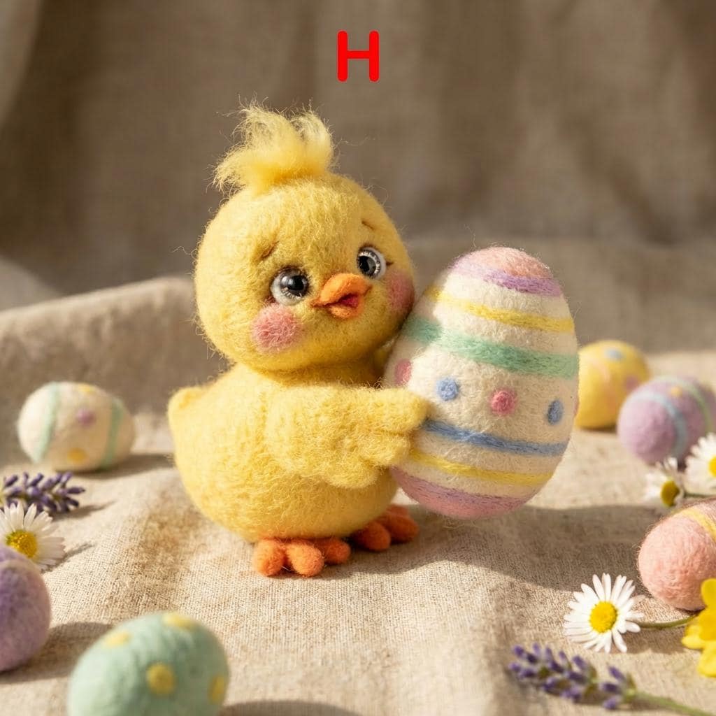 Handmade needle felt chick figurine by Jiajia Felt Studio, perfect as a spring or Easter gift, showing detailed fuzzy yellow felt.