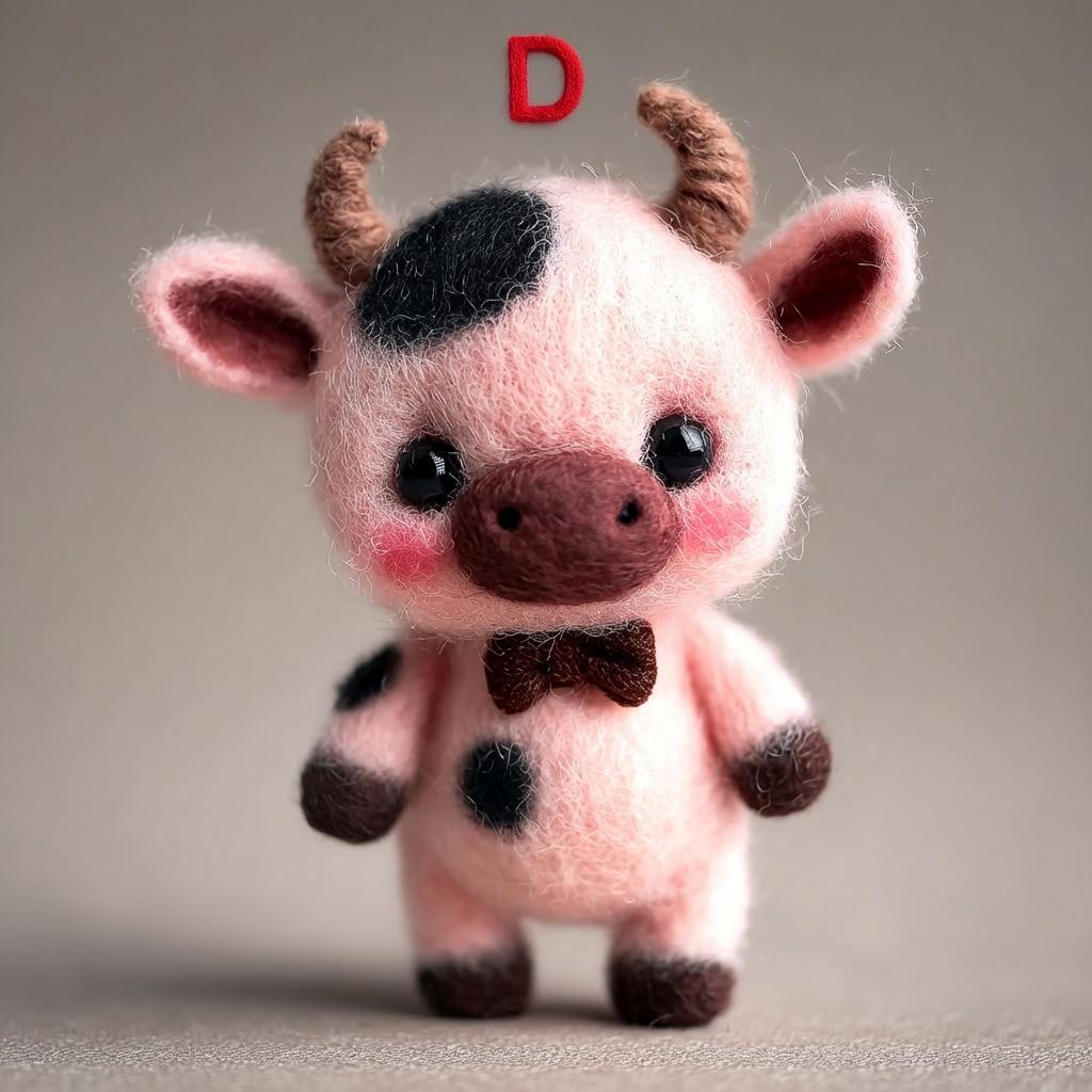 Needle felted calf figurine by Jiajia Felt Studio, a miniature farm animal decor piece with detailed felt wool craftsmanship.