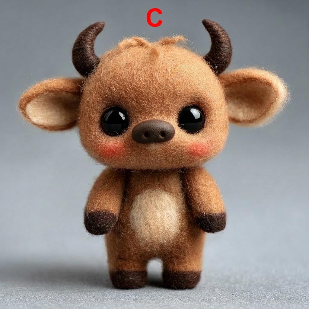 Needle felted calf figurine by Jiajia Felt Studio, miniature farm animal decor with detailed wool needle felting craftsmanship.