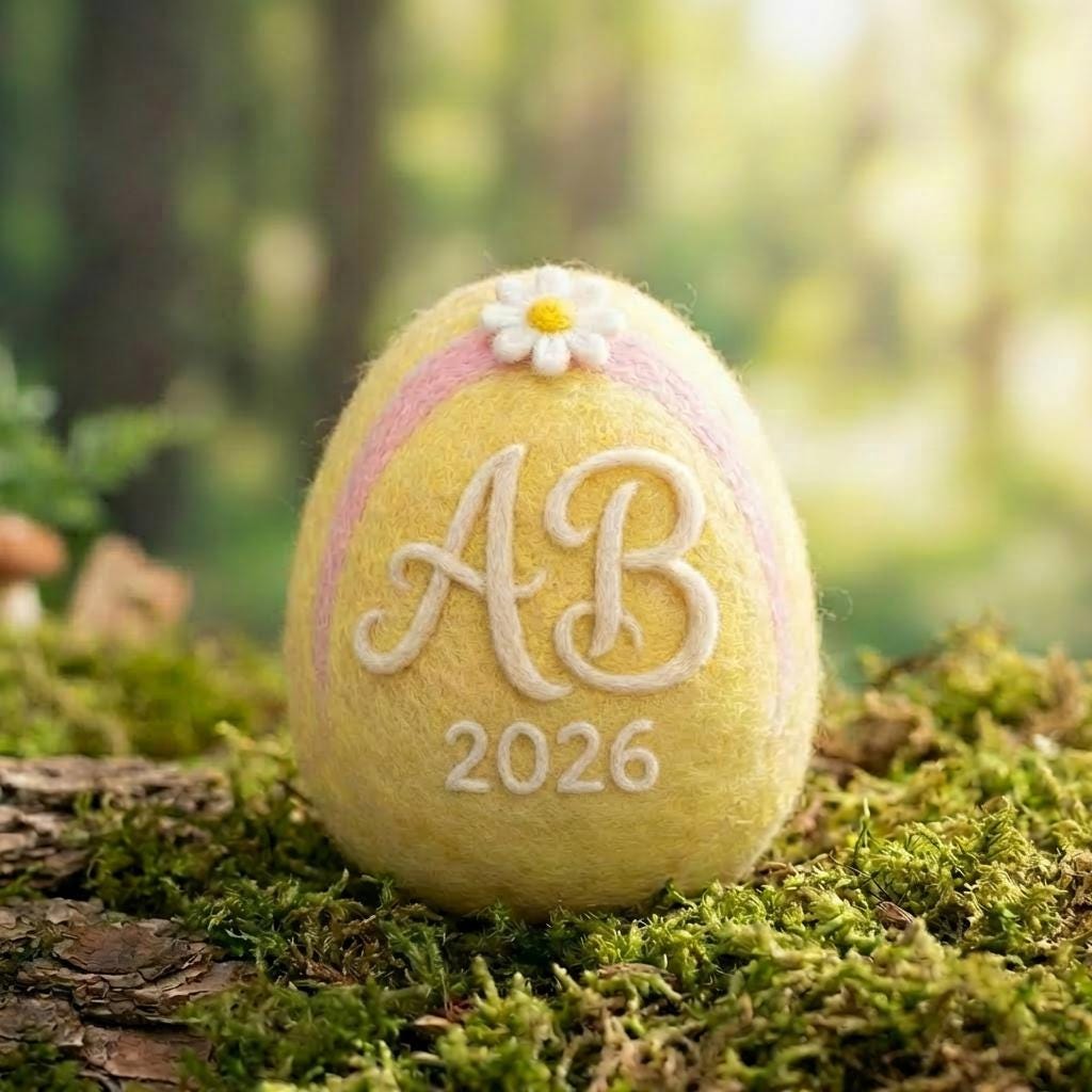 Needle felted personalized baby's first Easter egg keepsake with a cute figurine and felt name, crafted by wwwilovefelt.