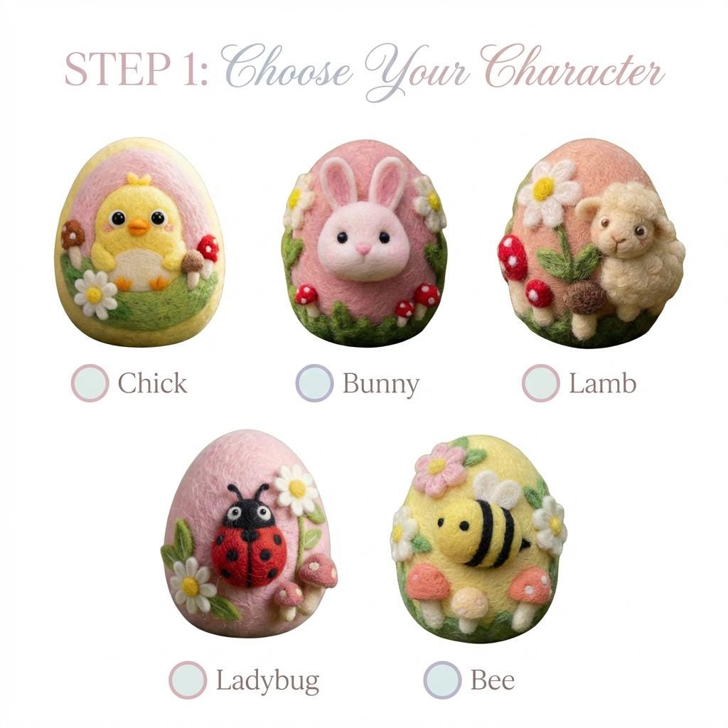 Needle felted personalized baby's first Easter egg keepsake with a cute figurine and felt name, handcrafted by wwwilovefelt.