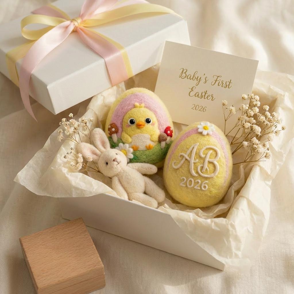 Needle felted Baby's First Easter Egg keepsake with personalized name in soft felt, handcrafted figurine by wwwilovefelt.