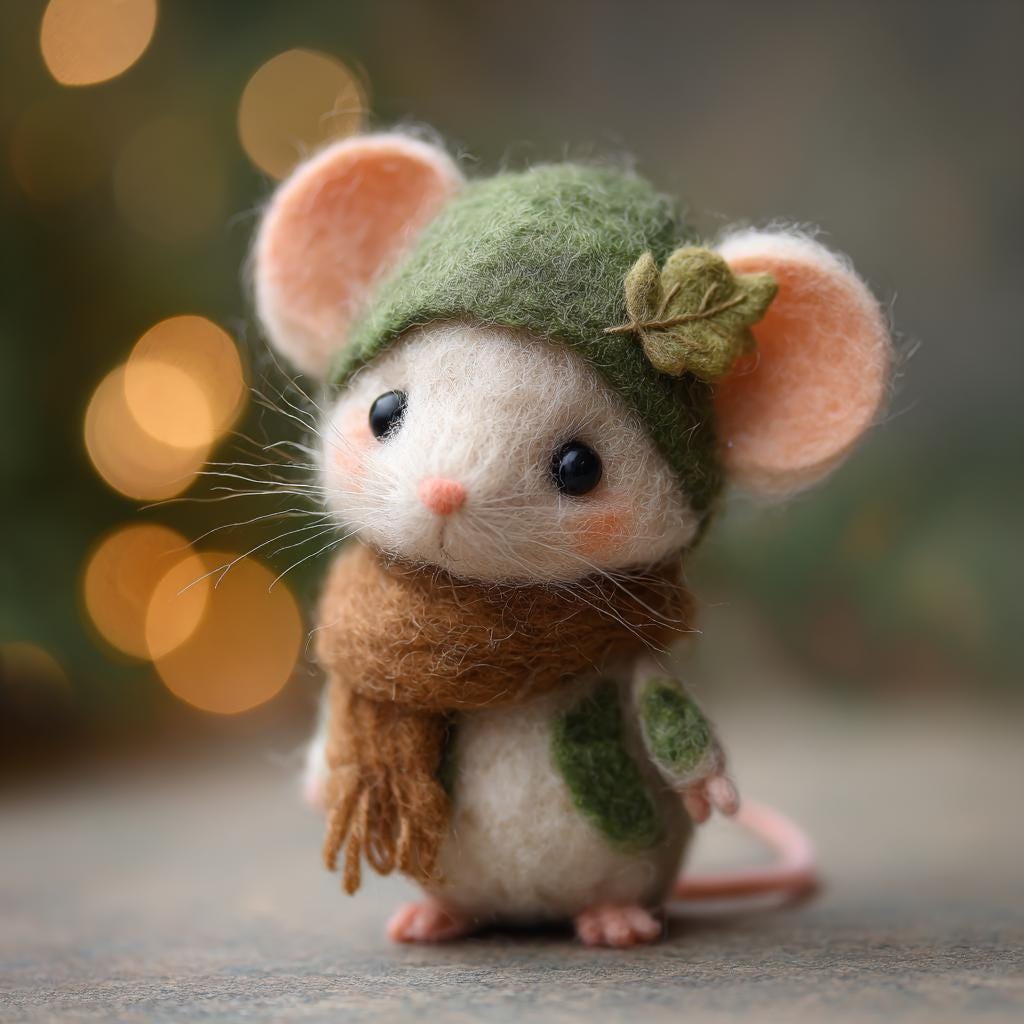 Handmade needle felted mouse figurine from Jiajia Felt Studio, perfect as a spring or Easter gift, detailed felt animal sculpture.